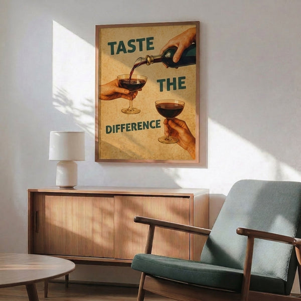 Sophisticated retro wine poster displaying a raised glass and bottle in mid-century style, combining cream, burgundy, and rust tones with pops of teal for timeless elegance.