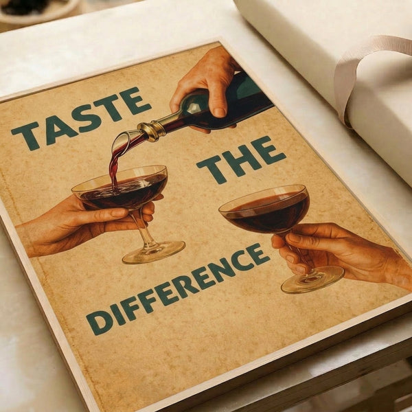 Vintage-inspired wine art print featuring an elegant hand, glass, and bottle composition in warm cream, rust, and burgundy hues with teal accents, evoking classic retro advertising charm.