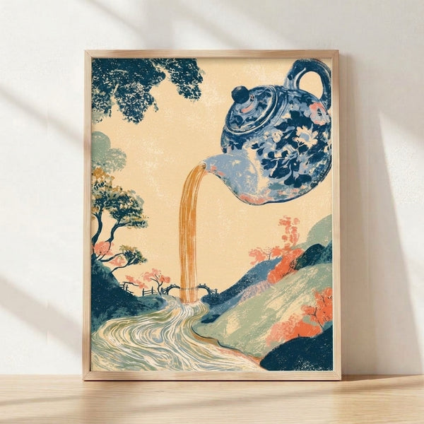 Serene Japanese woodblock landscape featuring a teapot pouring water as a cascading waterfall, surrounded by misty mountains and lush foliage in cream, teal, and sage green tones.