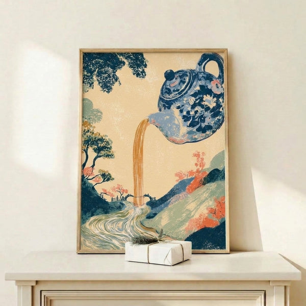 Whimsical ukiyo-e style art print depicting a surreal teapot fountain flowing through a contemplative mountain landscape with coral pink and gold ochre accents.