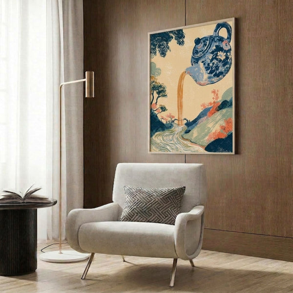 Dreamlike Japanese landscape woodblock print with a fantastical teapot waterfall scene, framed wall art in muted pastels and earthy ochre tones evoking peaceful contemplation.