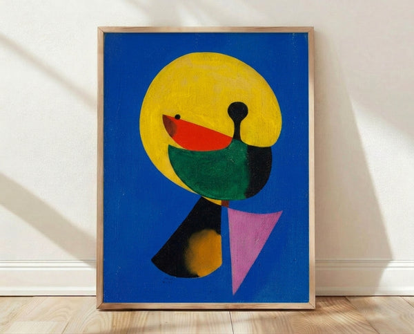 Abstract geometric head portrait in muted earth tones and black lines, reminiscent of early modernist style, framed as a poster on a wall.