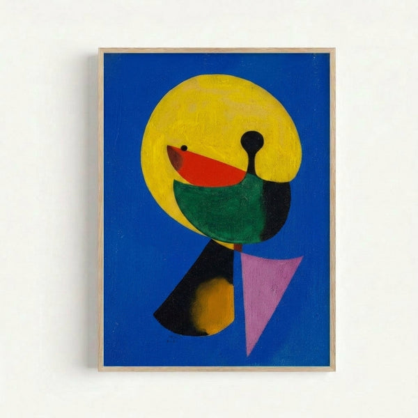 Minimalist male head composition with organic shapes and geometric forms in tan, ochre, and charcoal, displayed as framed wall art.