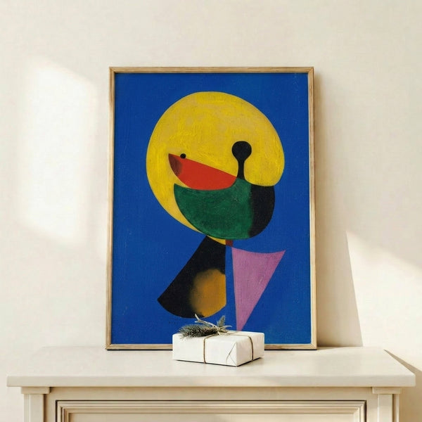 Abstract portrait featuring simplified facial geometry in warm neutrals and bold linework, shown as a framed art print.
