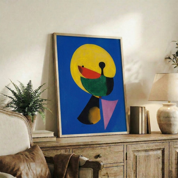 Avant-garde male profile composed of layered abstract forms in earthy hues with bold black outlines, presented as wall-mounted artwork.