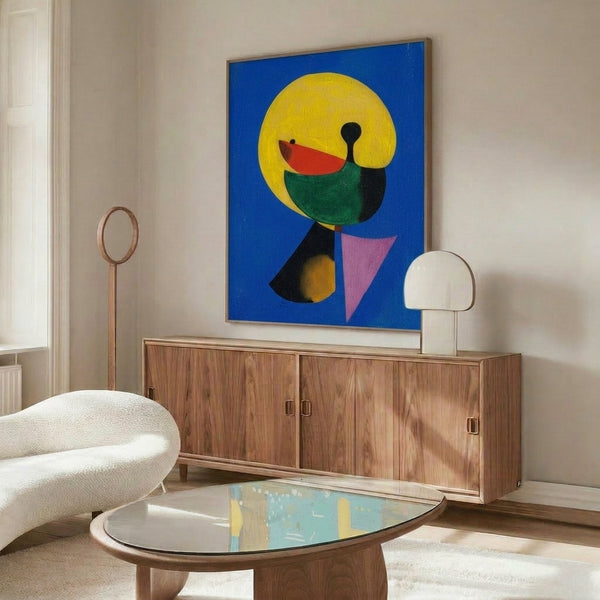 Constructivist-style head portrait combining geometric planes with organic curves in subdued tan and black palette, hung as a gallery frame.