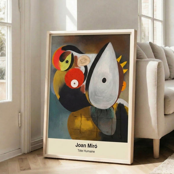 Modernist abstract head composition in cream and rust, geometric interpretation of human form in framed artwork.