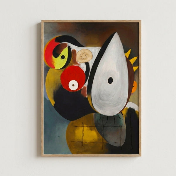 Minimalist human head composition using bold lines and flat color blocks in red, black, and beige, evoking early 20th century avant-garde art.
