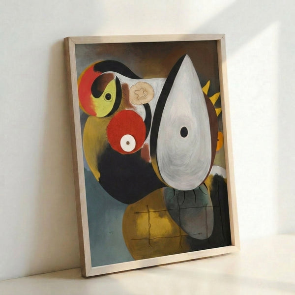 Faceless abstract figure rendered with stark geometric elements and a muted palette of cream, black, and rust tones, hung as a framed poster.