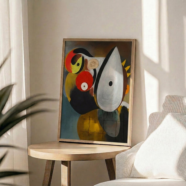 Constructivist-style human form composed of angular shapes and limited color palette of black, red, and off-white, framed for interior display.