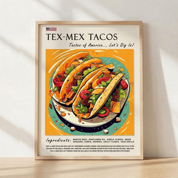 Vibrant pop art framed poster featuring colorful tacos with beef, lettuce, tomato, and cheese in golden yellow, burnt orange, and teal against a cream background, evoking retro Americana nostalgia.