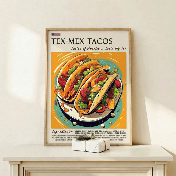 Bold retro-style poster art of appetizing tacos rendered in bright pop art colors including red, golden yellow, and teal green, capturing a playful vintage kitchen aesthetic.
