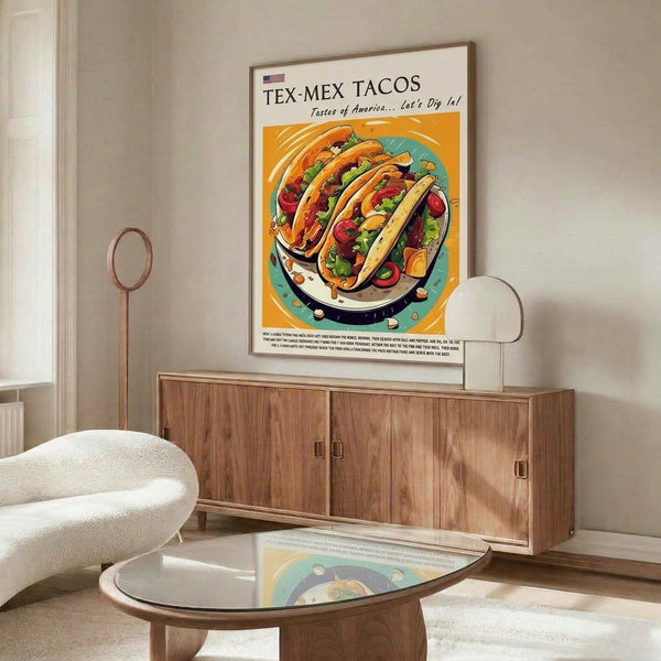Framed pop art print showcasing stacked tacos with fresh ingredients in Lichtenstein-inspired bold colors—golden yellow, burnt orange, teal, and red—with nostalgic Americana charm.