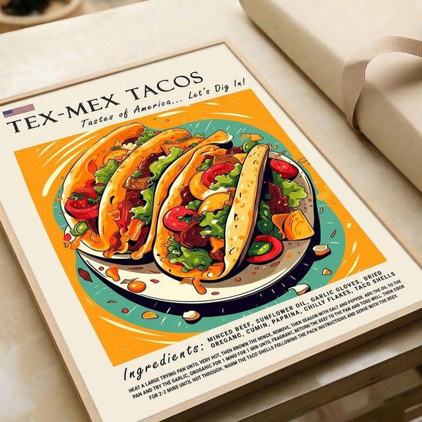 Playful retro kitchen art print displaying gourmet tacos in vibrant pop art style, combining cream, golden yellow, and teal tones for a fun, appetizing wall display.