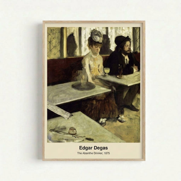Vintage-style art print showing a contemplative figure in a dimly lit café setting, painted in dark browns and cream tones with an atmosphere of quiet isolation.
