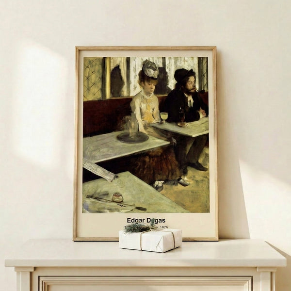 Café scene art print in soft greens and ochres showing a solitary drinker lost in thought at a table, evoking quiet melancholy.