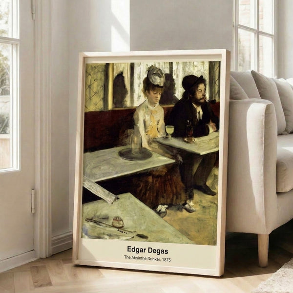 Impressionist poster with a lone figure and absinthe glass rendered in muted grays and warm ochres, capturing a contemplative and somber atmosphere.
