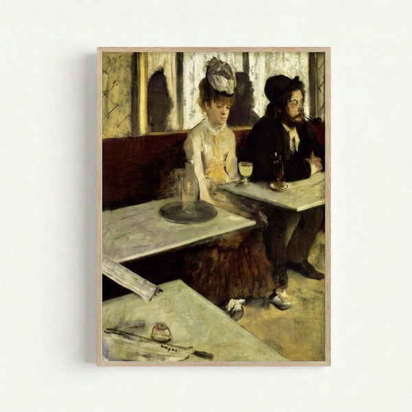 Art print depicting a contemplative lone drinker in dim atmospheric lighting, featuring subdued palette of sage green and browns in a classic 19th-century painting style.