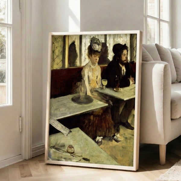 Vintage-style art print of a figure in formal attire seated with a drink, rendered in muted earth tones and greens evoking quiet reflection and urban melancholy.
