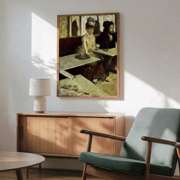 Framed poster depicting an isolated figure at rest with a drink, rendered in muted tones and impressionist style conveying solitude and quiet introspection.