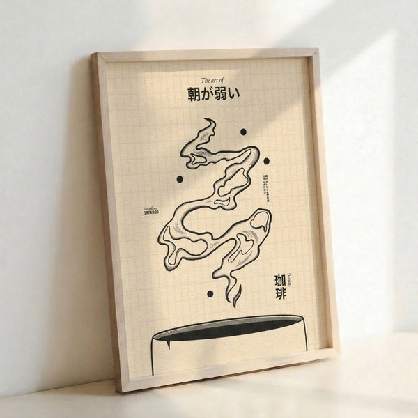 Wabi-sabi wall art depicting a single coffee cup releasing delicate steam, rendered in muted cream and black palette with understated Japanese aesthetic.