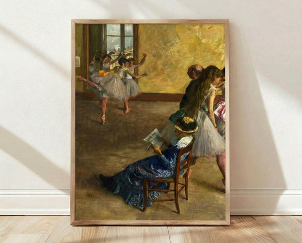 Framed Impressionist painting of ballet dancers in a studio during rehearsal, rendered in soft pastels and muted earth tones with warm highlights.