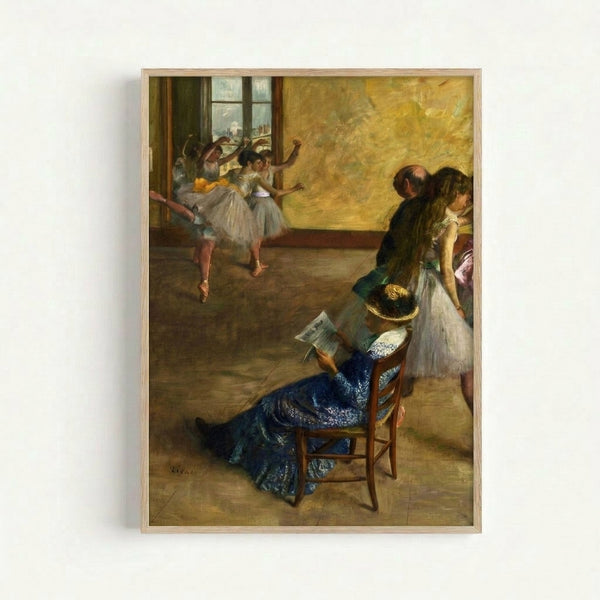 Classic Degas ballet scene poster featuring graceful dancers at the barre, capturing the elegance and movement of 19th-century French dance instruction.