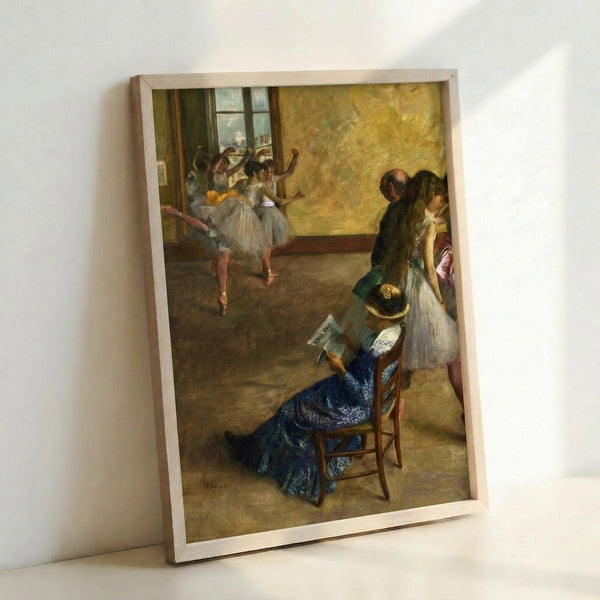 Vintage-style art print showing an intimate moment in a ballet studio with multiple figures in tutus, painted in delicate Impressionist brushwork and gentle color palette.