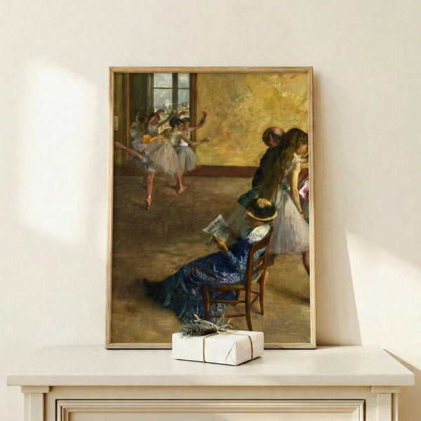 Framed poster of The Ballet Class depicting dancers in training beneath natural light, with fluid composition and atmospheric warm and cool tones characteristic of Degas.