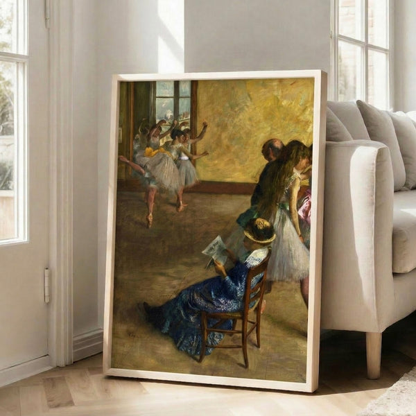 Impressionist masterpiece poster featuring elegant ballet dancers during a lesson, showcasing soft brushwork and a refined palette of beiges, soft blues, and golden accents.