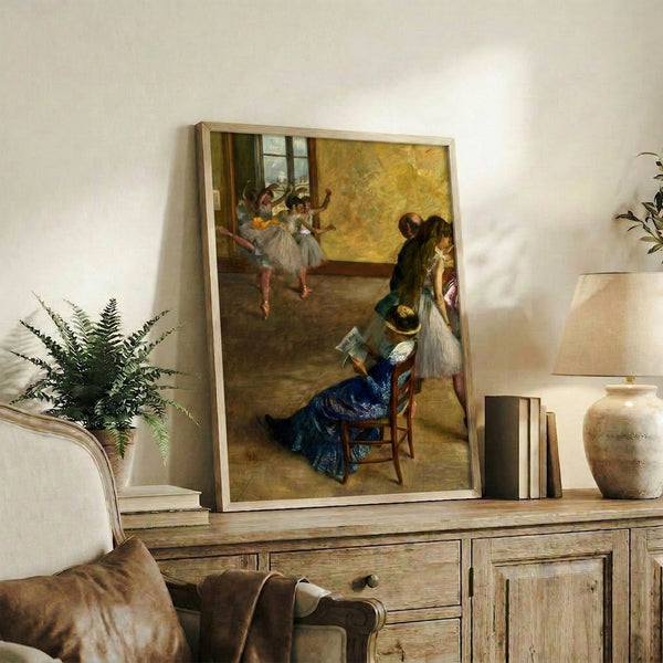 Framed wall art of a ballet studio scene with dancers in graceful poses, rendered in the distinctive Impressionist style with loose brushstrokes and luminous coloring.