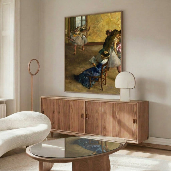 Classic art print of Degas's celebrated ballet class composition, showing multiple dancers and an instructor in an airy studio setting with warm, sophisticated tones.