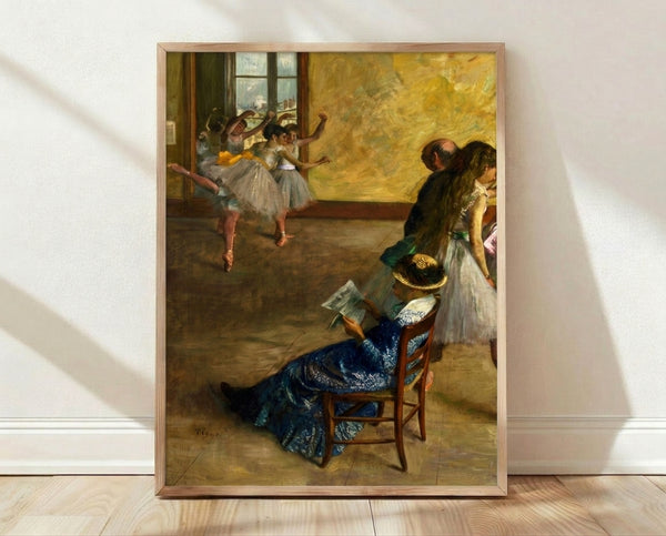 Impressionist painting of ballet dancers in a studio, rendered in soft cream, ochre, and pale blue tones, capturing an elegant and contemplative moment framed as a poster.