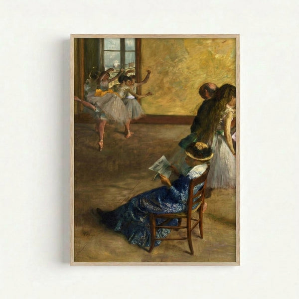 Degas-style artwork depicting graceful figures in a ballet class with muted brown and cream palette, conveying refined movement and introspective mood as wall art.