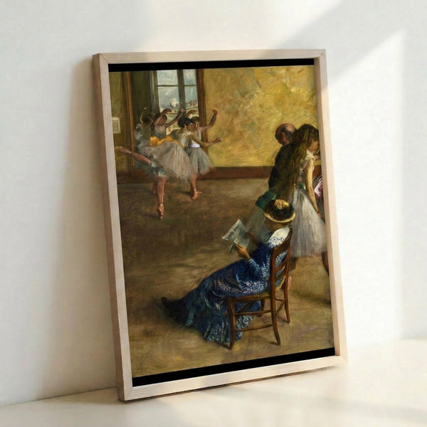 Vintage-inspired framed poster showing dancers at practice in soft impressionist hues of ochre and pale blue, evoking elegance and quiet contemplation.