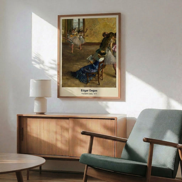Soft impressionist composition of ballet dancers in cream, ochre, and pale blue, capturing the grace and introspection of a studio rehearsal as wall decor.