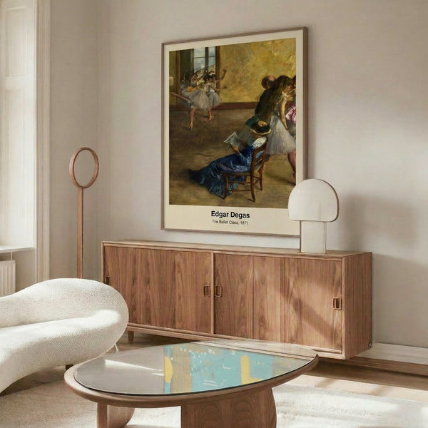 Framed poster art in impressionist style depicting dancers during ballet class, rendered in muted warm and cool tones with an air of refined elegance.