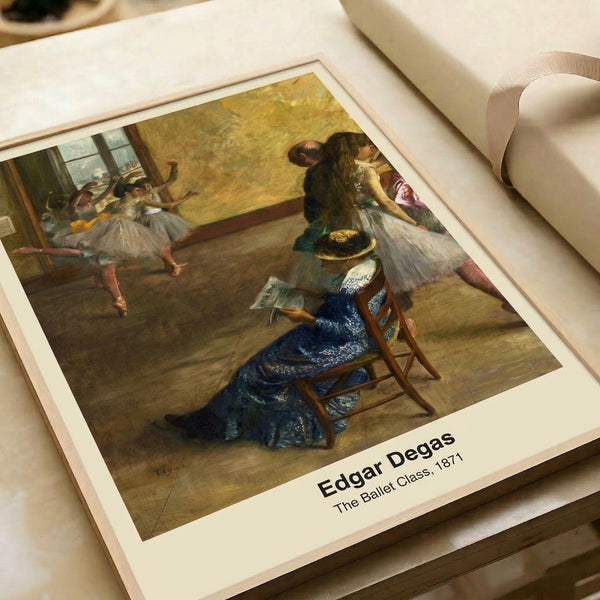 Impressionist dance studio artwork featuring graceful figures in cream and soft blue tones, evoking a contemplative, sophisticated aesthetic as a framed print.