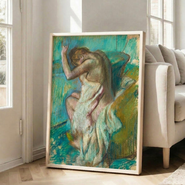 Impressionist artwork featuring a domestic bathing moment in warm and cool tones, captured in a timeless aesthetic suitable for home decor.