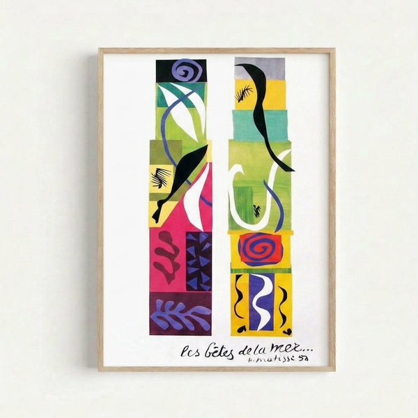 Playful minimalist art print with dancing marine forms in jewel tones and primary colors, inspired by Matisse's dynamic approach to abstract composition.