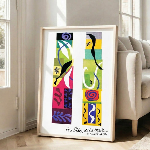 Contemplative abstract artwork with interlocking aquatic shapes in saturated color blocks of blue, green, red, and yellow against a clean white canvas.