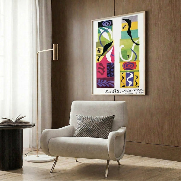 Bold modernist framed print featuring stylized beasts of the sea rendered as flowing abstract cutout forms in a vibrant, harmonious color palette.