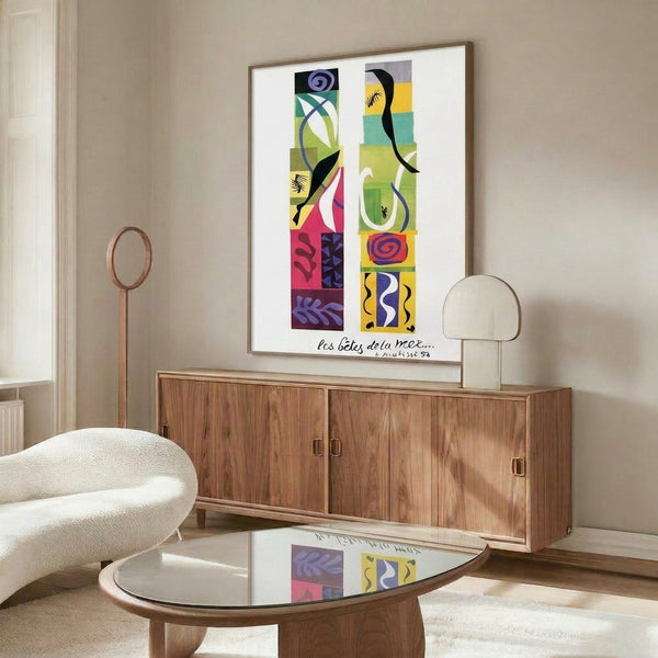 Minimalist interpretation of marine life as geometric and organic shapes in striking blues, greens, reds, and yellows, evoking joyful mid-century modernism.