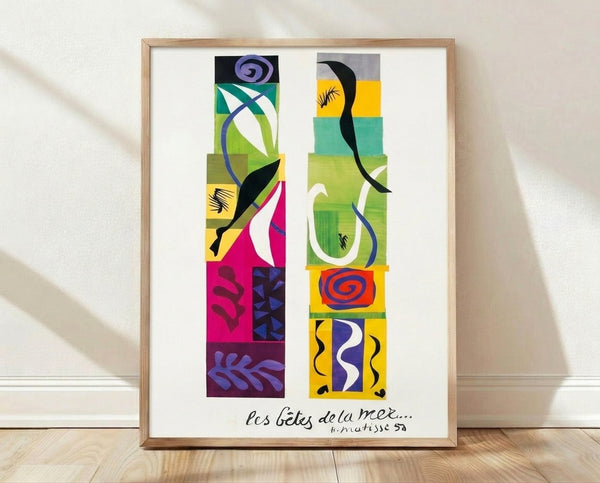 Abstract cut-out poster featuring vibrant organic shapes in blues, greens, and reds inspired by marine life and natural forms.