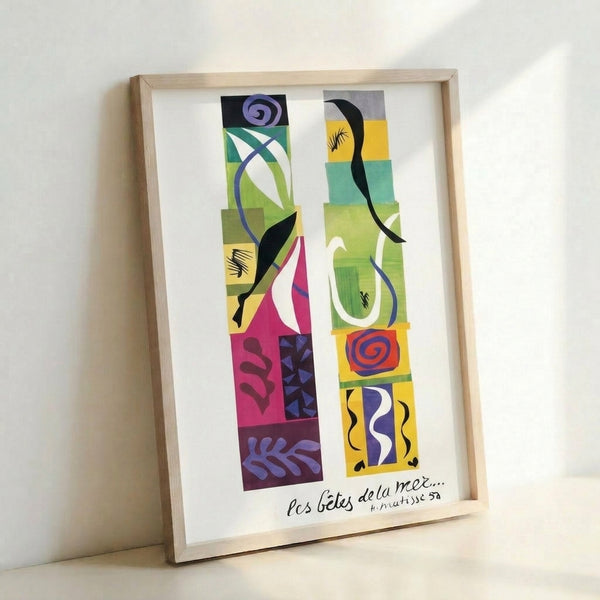 Contemporary wall art showcasing playful abstract shapes in jewel tones arranged as an imaginative underwater composition.