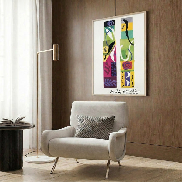 Abstract art poster featuring interlocking curved forms in saturated colors that suggest an energetic underwater world.
