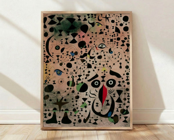 Abstract surreal poster featuring a beautiful bird with constellation-like forms in warm earth tones and vibrant accents, evoking mystery and romance in a modern Miró-inspired style.