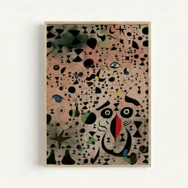Framed modern art print depicting an elegant bird amid abstract shapes and organic lines in ochre, red, and blue, creating a whimsical surreal atmosphere.