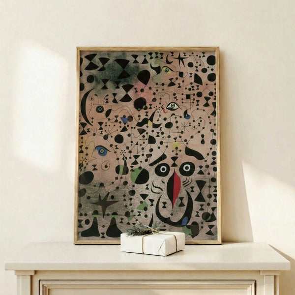 Modernist poster art with an expressive bird figure among constellation patterns in earthy and vivid hues, capturing a dreamlike poetic mood.