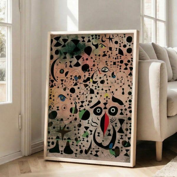 Abstract surrealist wall art featuring a graceful bird with enigmatic forms in a palette of terracotta, indigo, and golden tones.